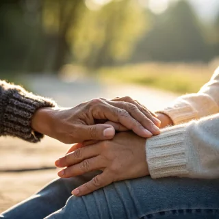 Hands resting together in a gesture of comfort and support