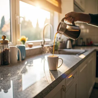 Pouring coffee at a sunny kitchen counter in the morning
